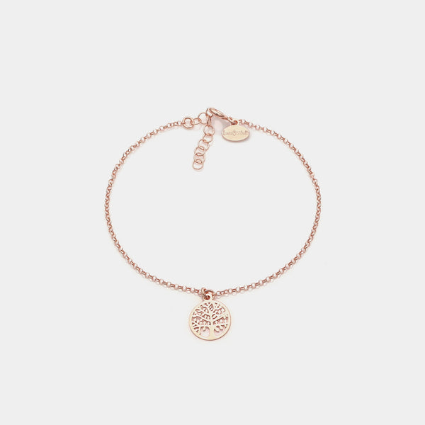 Pulsera de plata chapada en oro rosa con colgante de árbol de la vida perforado y marco redondo