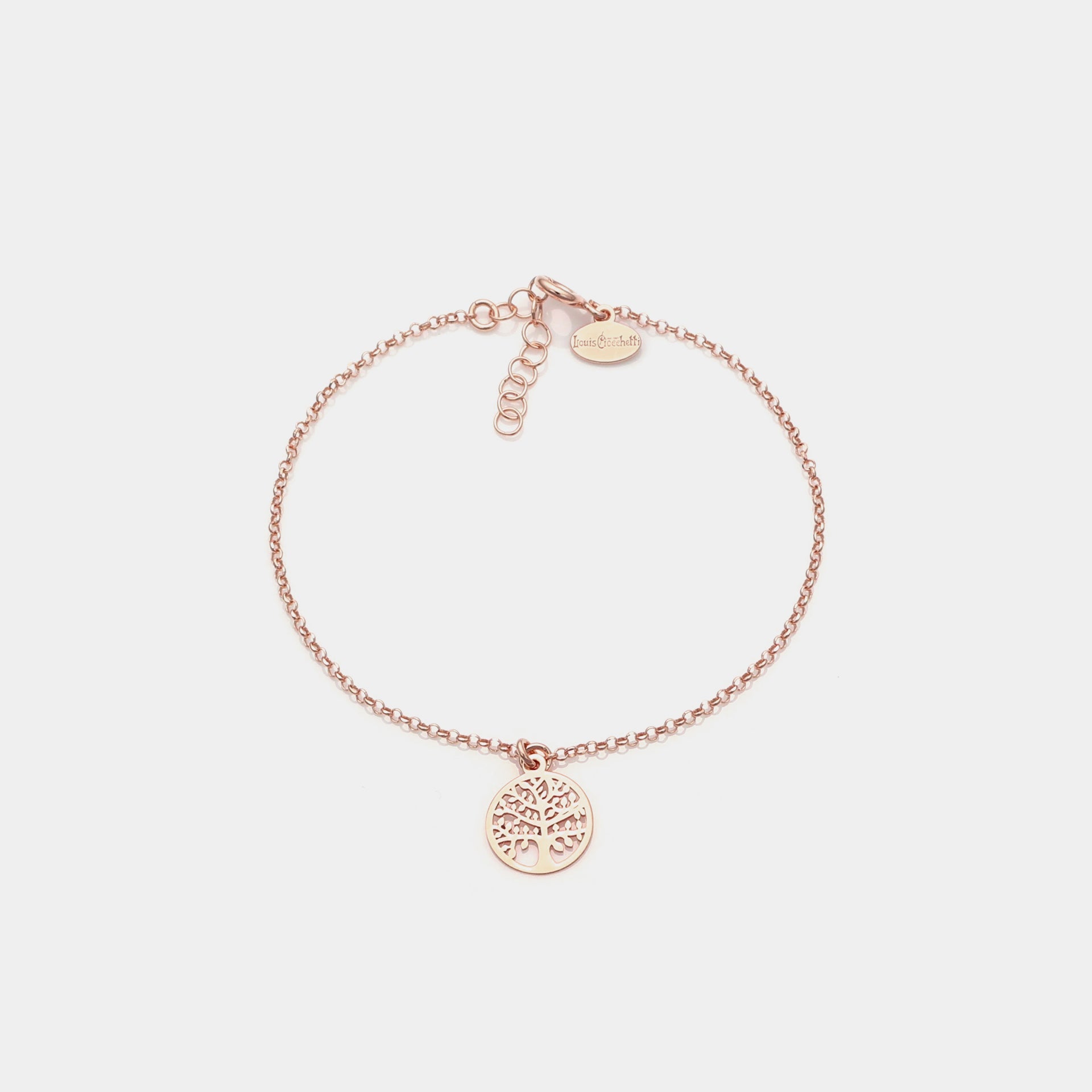 Rose gold plated silver bracelet with pierced tree of life pendant and round frame