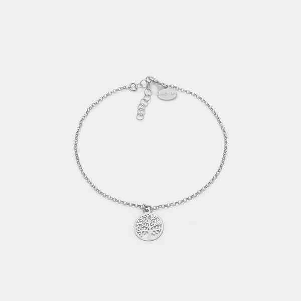 Pulsera de plata chapada en rodio con colgante de árbol de la vida perforado y marco redondo