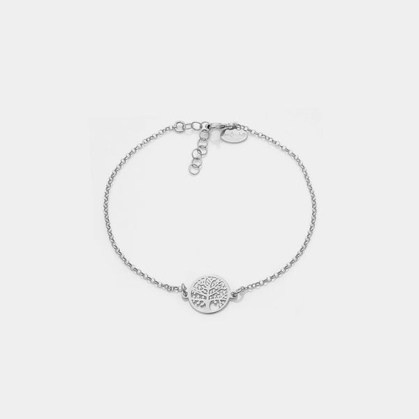 Rhodium-plated silver bracelet with pierced tree of life centerpiece