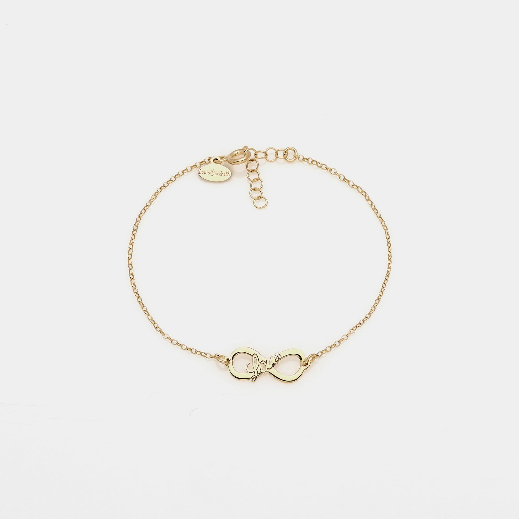 Gold-plated silver bracelet with pierced infinity center and LOVE inscription