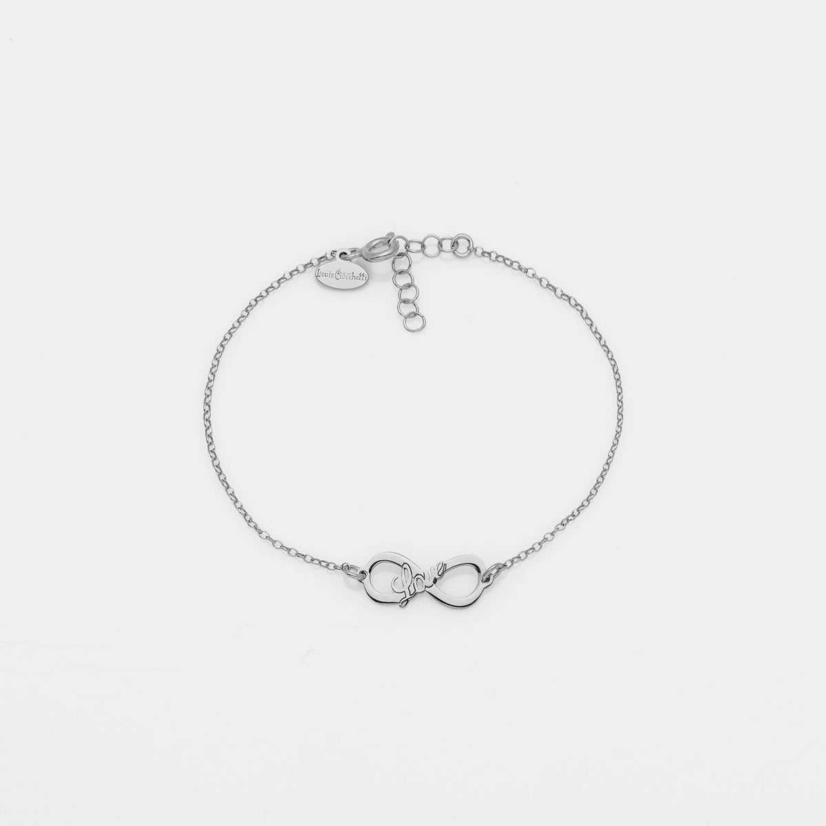Rhodium-plated silver bracelet with pierced infinity center and LOVE inscription