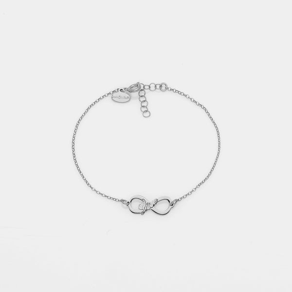 Rhodium-plated silver bracelet with pierced infinity center and LOVE inscription
