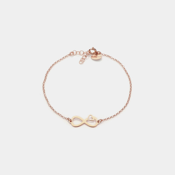 Rose gold plated silver bracelet with pierced infinity center and side heart
