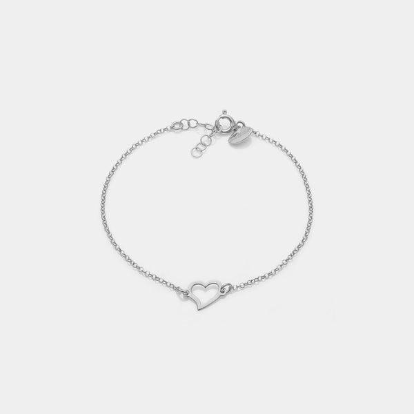 Rhodium-plated silver bracelet with twisted pierced heart centerpiece
