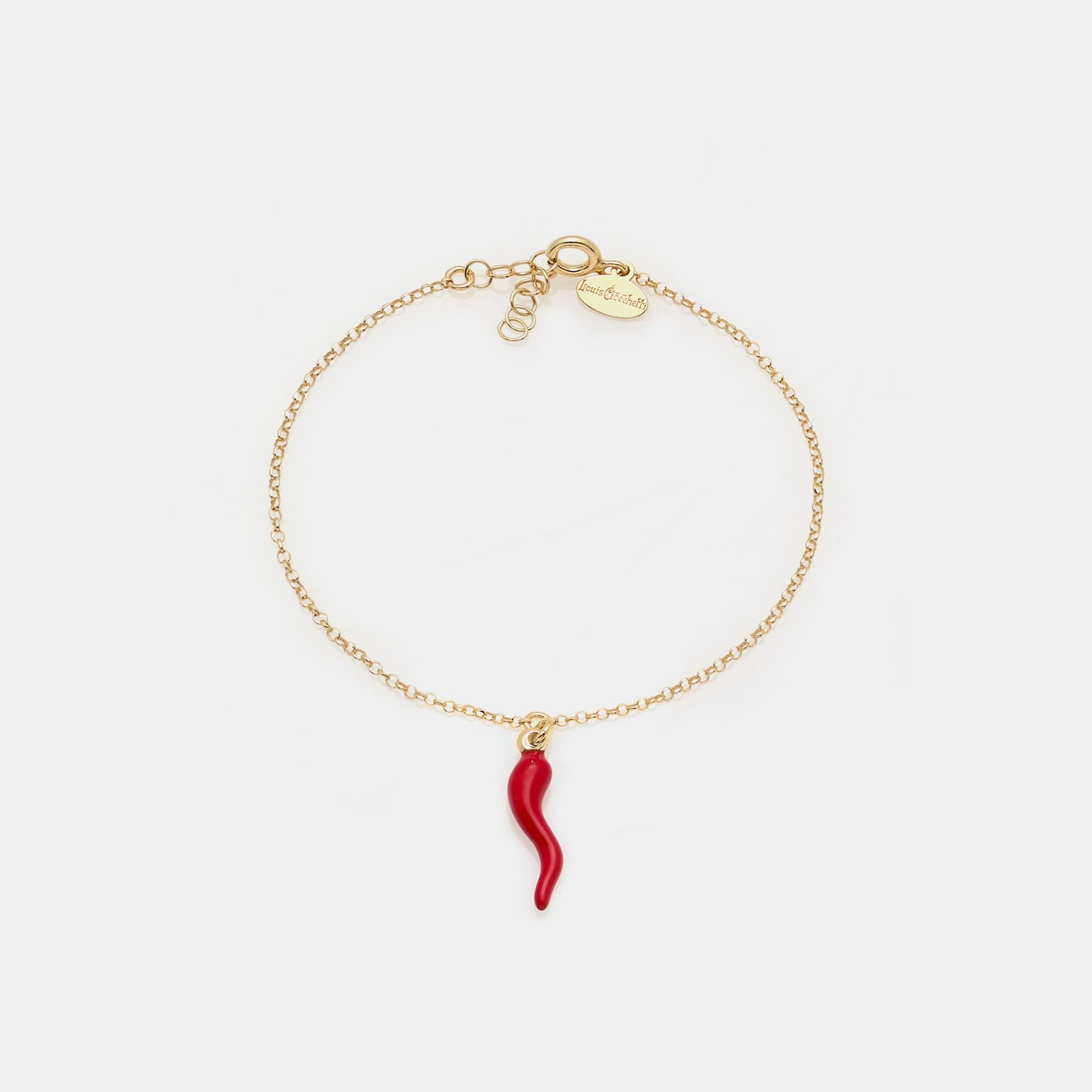 Gold-plated silver bracelet with central red enamel lucky horn pendant
