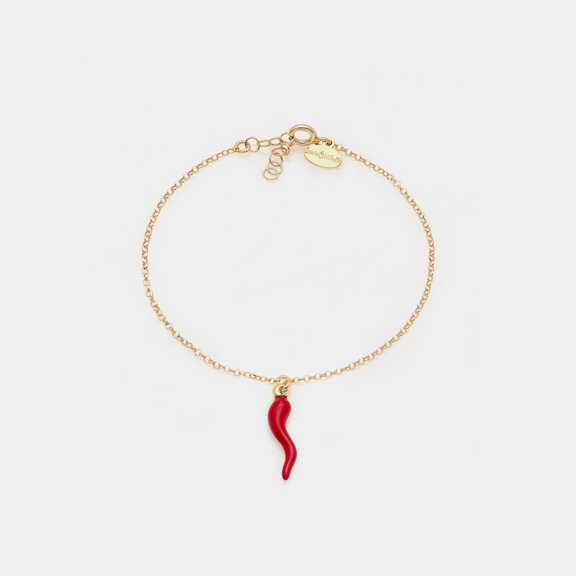 Gold-plated silver bracelet with central red enamel lucky horn pendant
