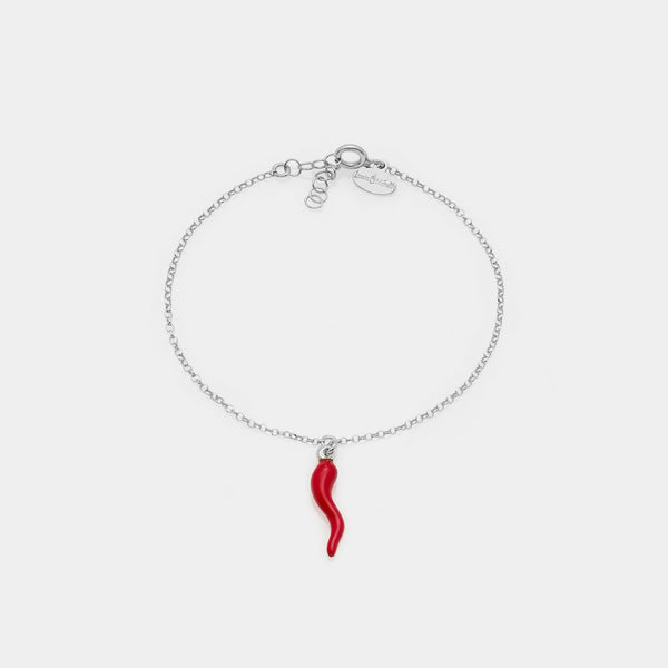 Rhodium-plated silver bracelet with central red enamel lucky horn pendant