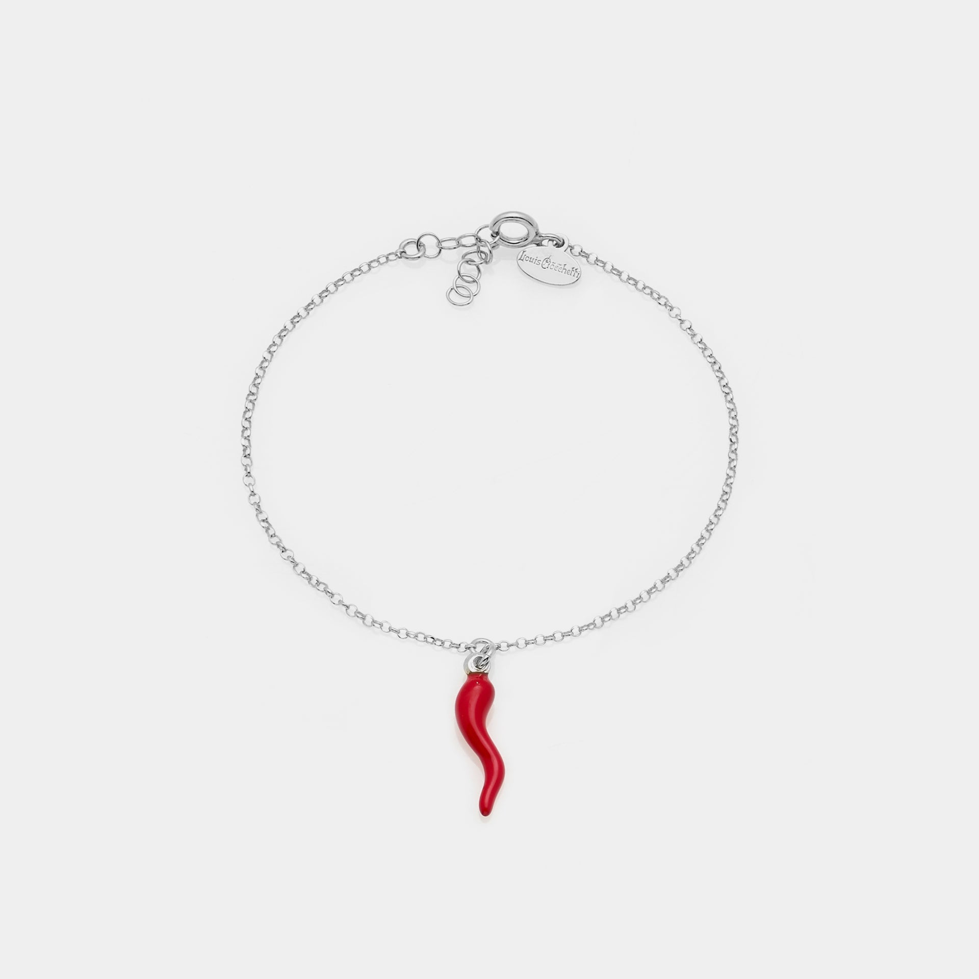 Rhodium-plated silver bracelet with central red enamel lucky horn pendant