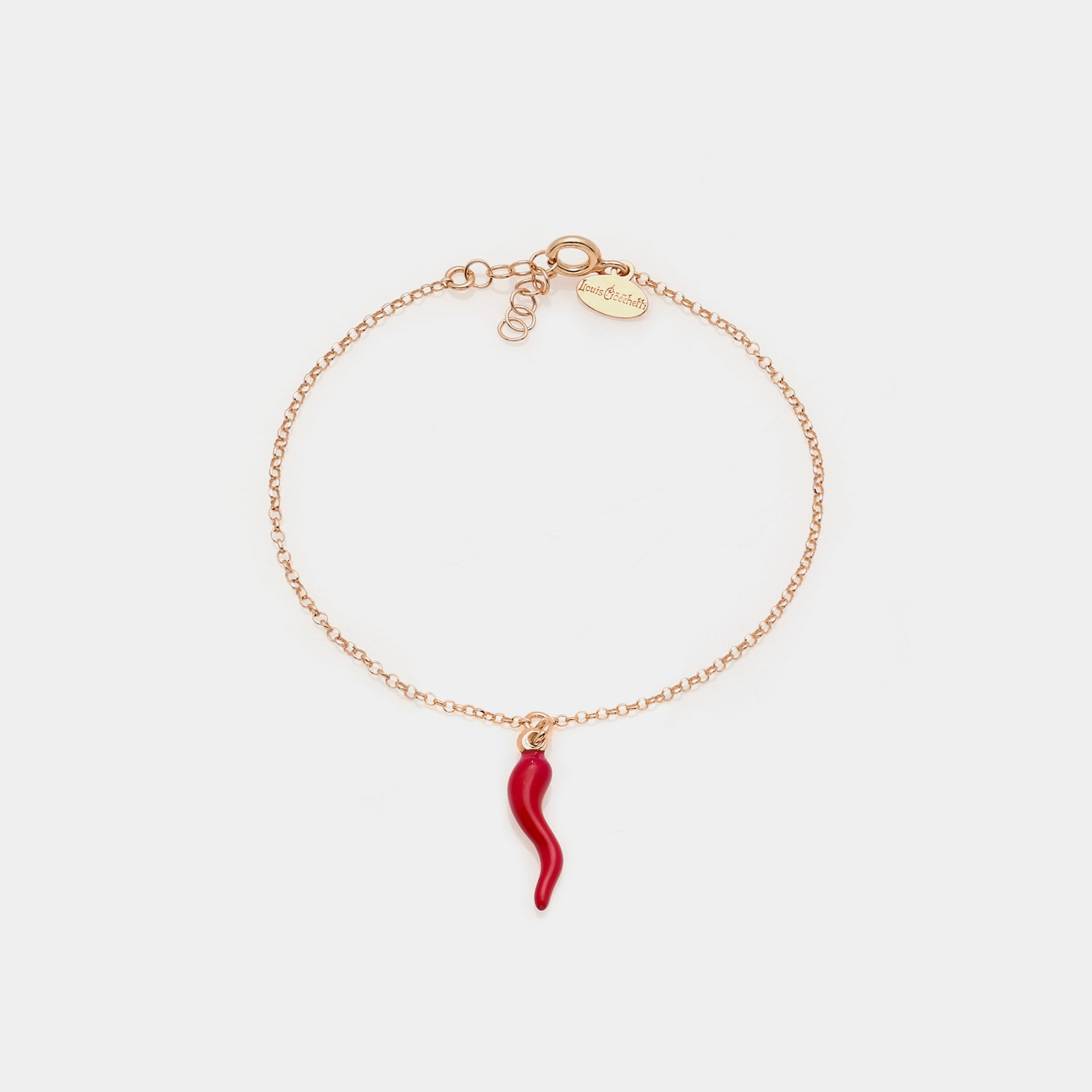 Rose gold plated silver bracelet with central red enamel lucky horn pendant