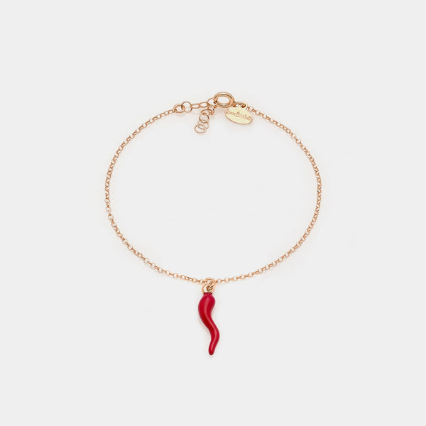 Rose gold plated silver bracelet with central red enamel lucky horn pendant