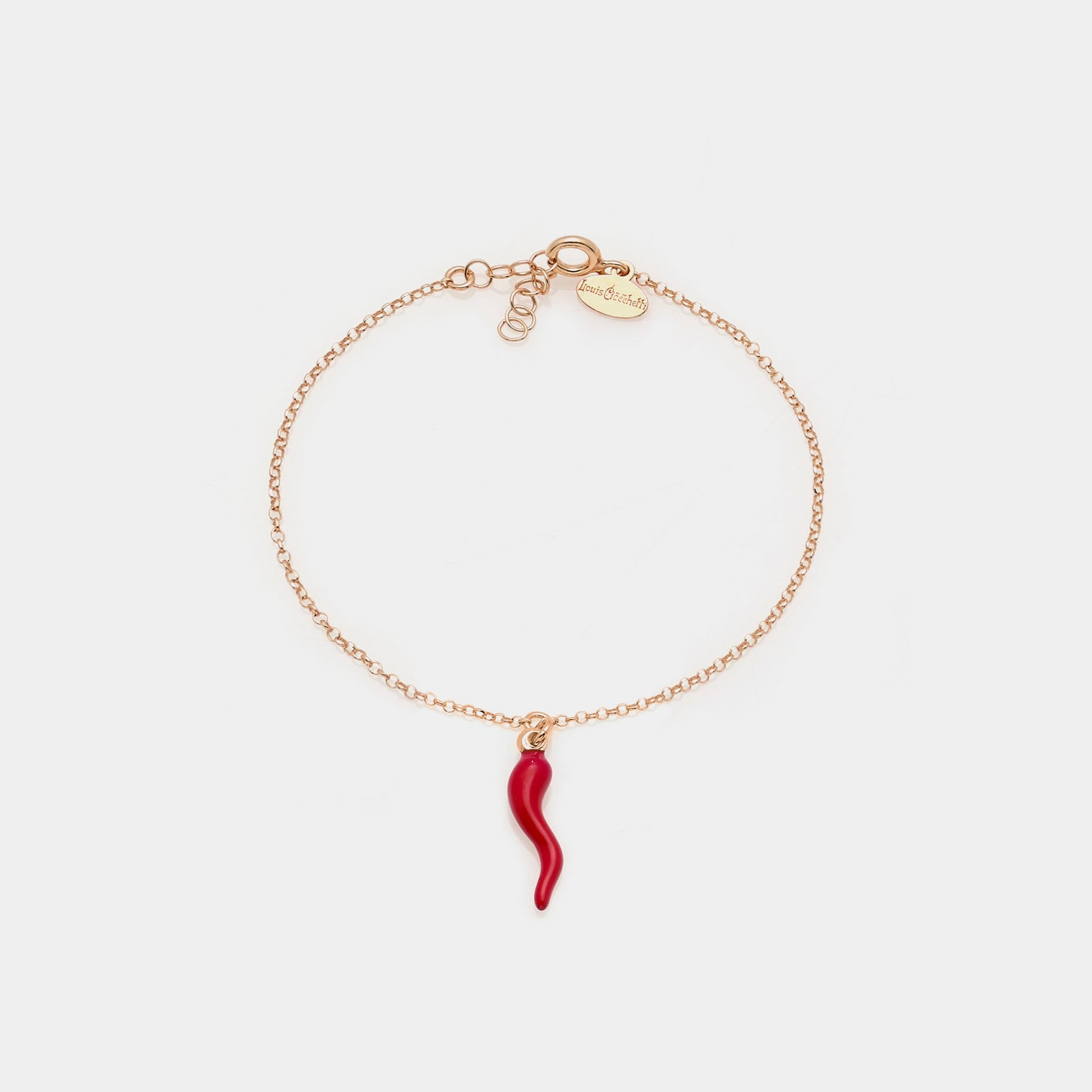 Rose gold plated silver bracelet with central red enamel lucky horn pendant