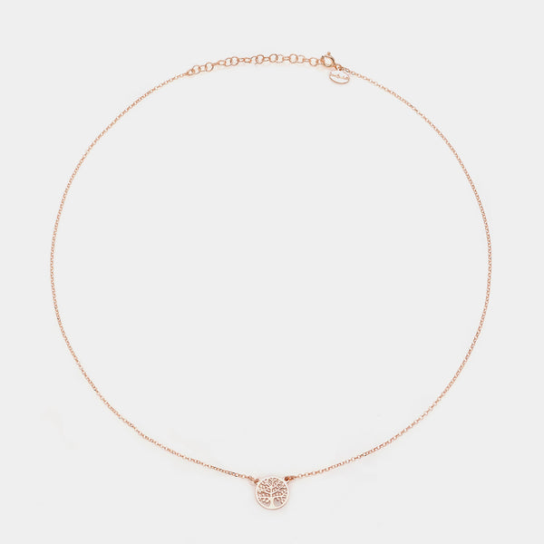 Rose gold silver necklace with round pierced tree of life centerpiece