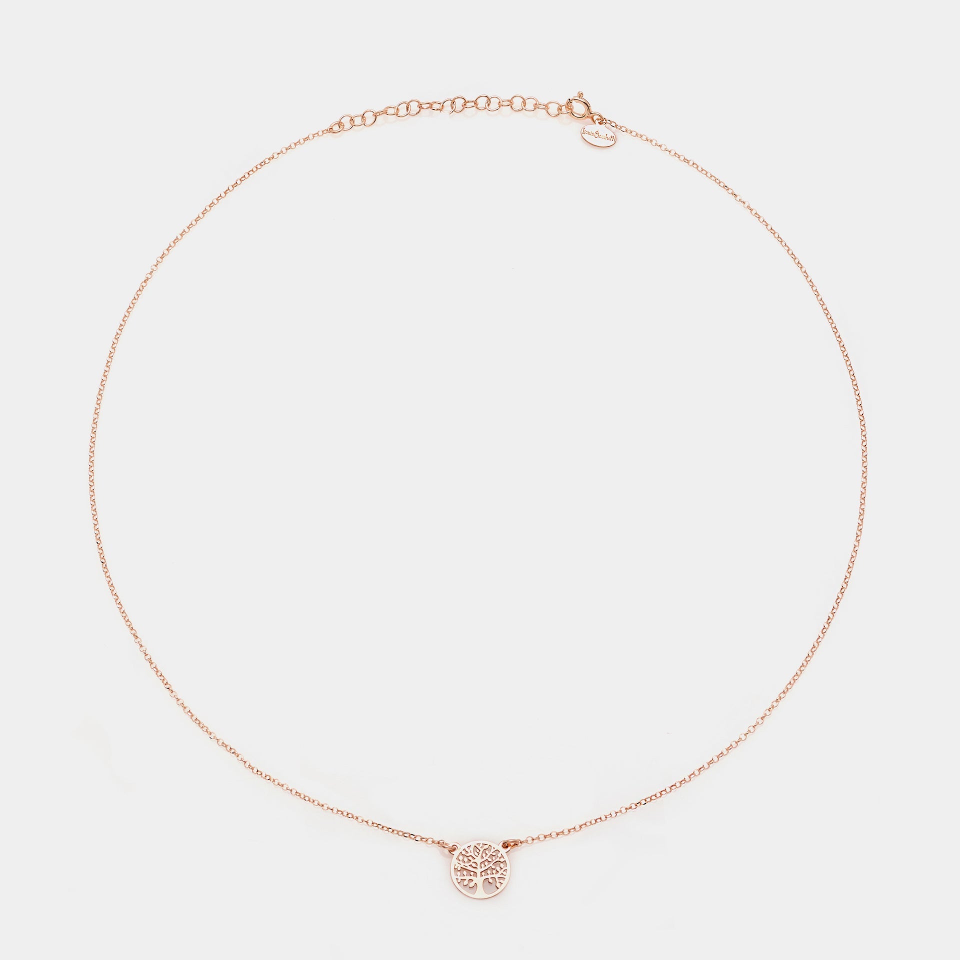 Rose gold silver necklace with round pierced tree of life centerpiece