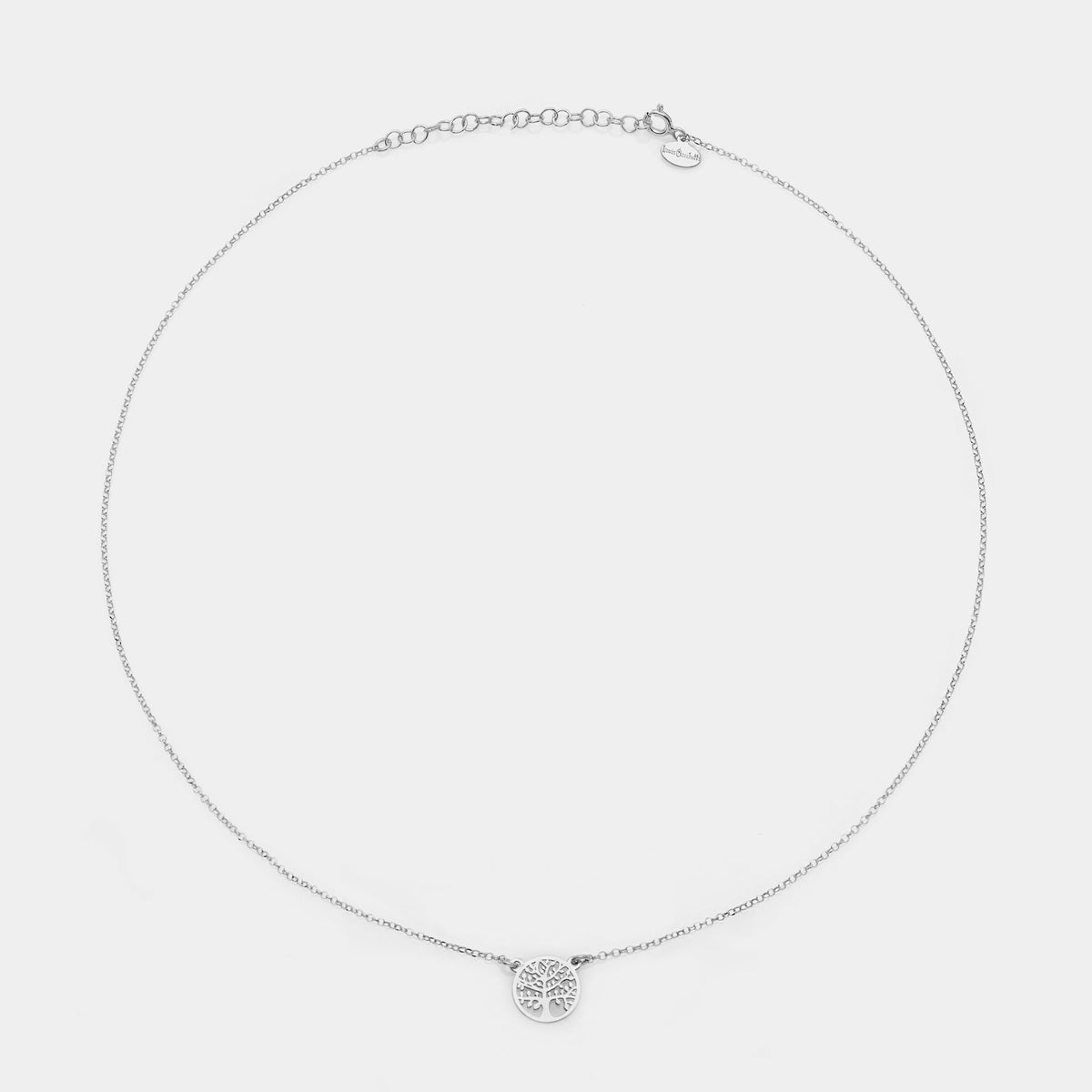 Collana argento rodiato con centrale albero della vita traforato tondo