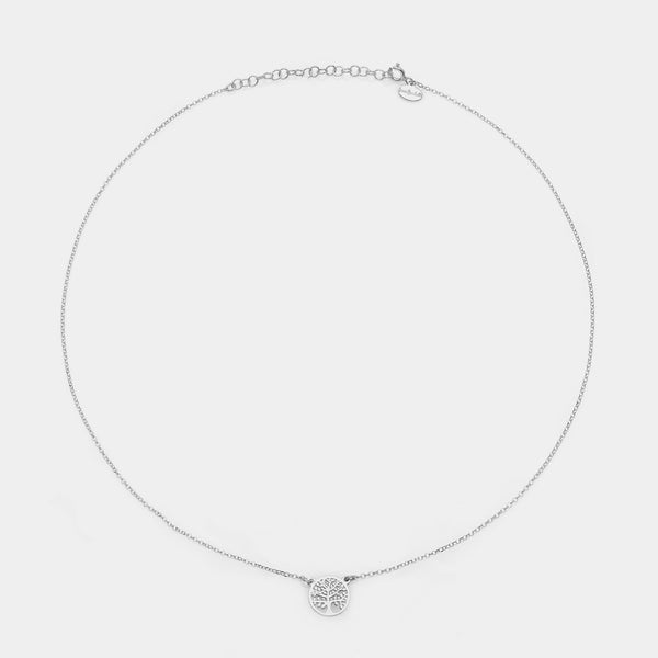 Collar de plata chapada en rodio con centro de árbol de la vida perforado redondo
