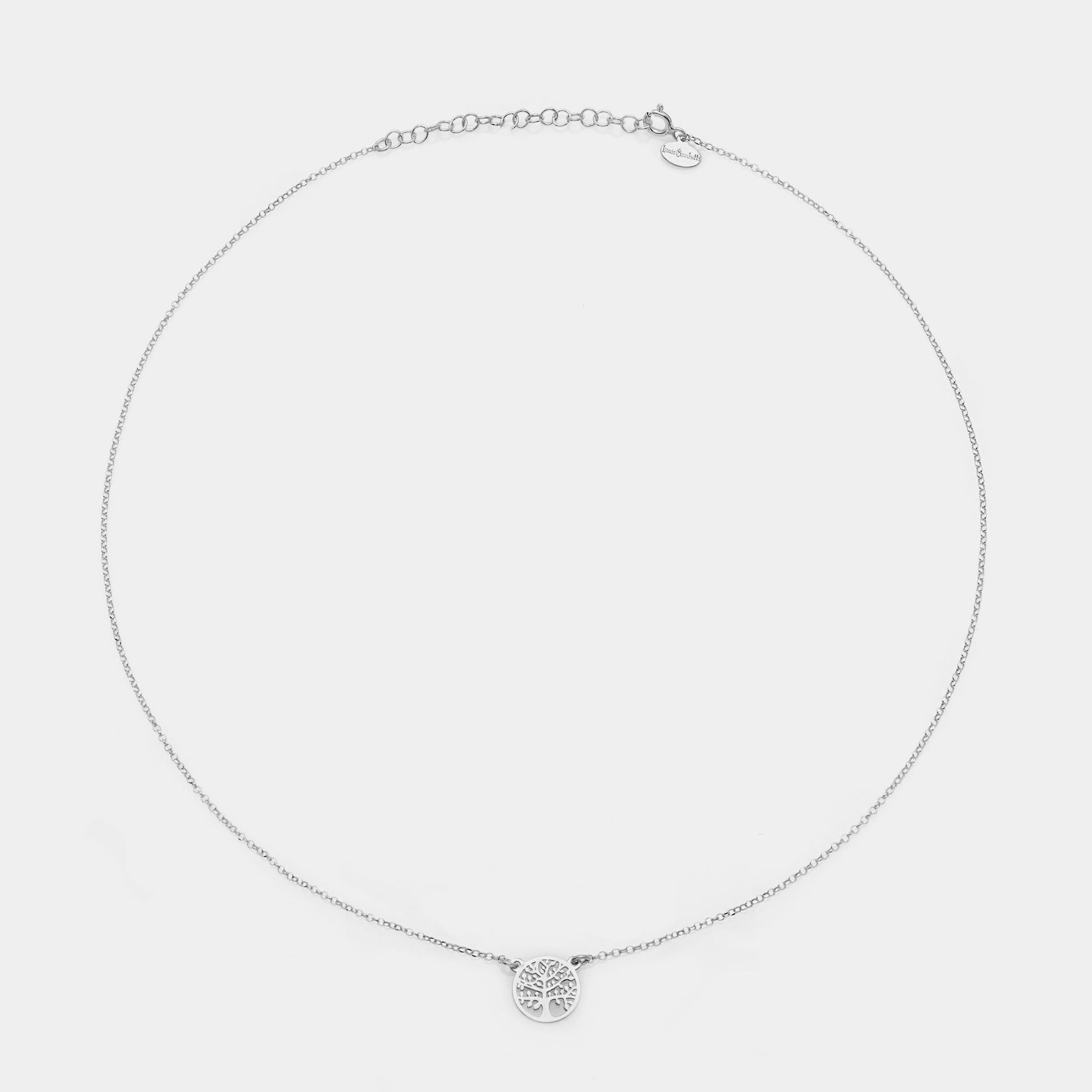 Rhodium-plated silver necklace with round pierced tree of life centerpiece