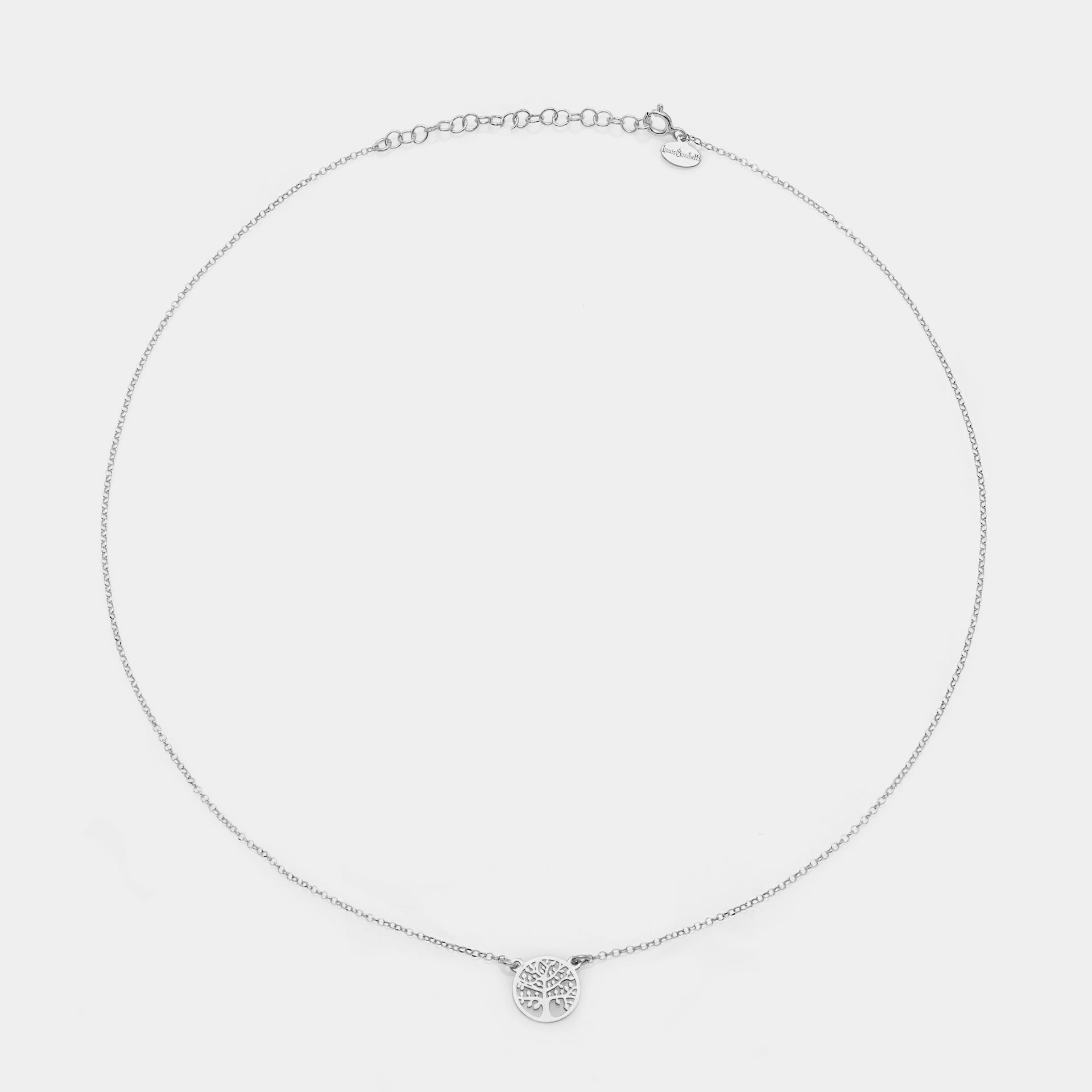 Rhodium-plated silver necklace with round pierced tree of life centerpiece
