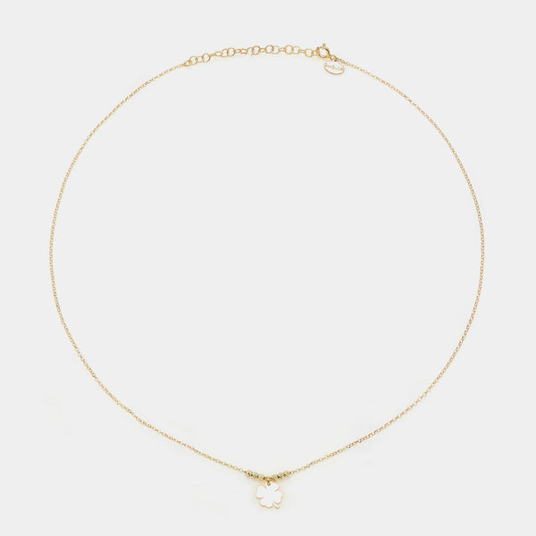 Collana argento dorato con centrale quadrifoglio pendente e 3 sfere sfaccettate ai lati