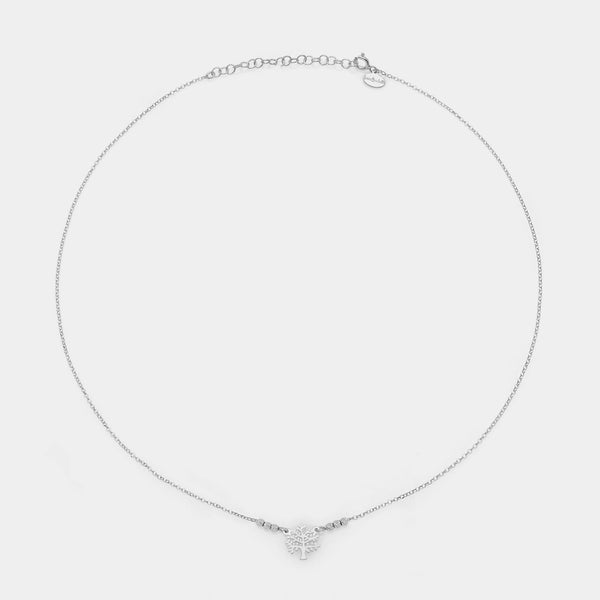 Rhodium-plated silver necklace with pierced tree of life centerpiece and 3 faceted spheres on the sides