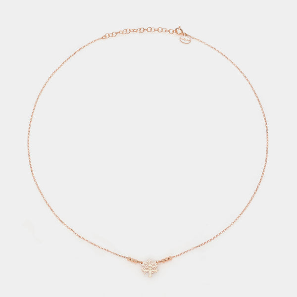 Rose gold silver necklace with pierced tree of life centerpiece and 3 faceted spheres on the sides