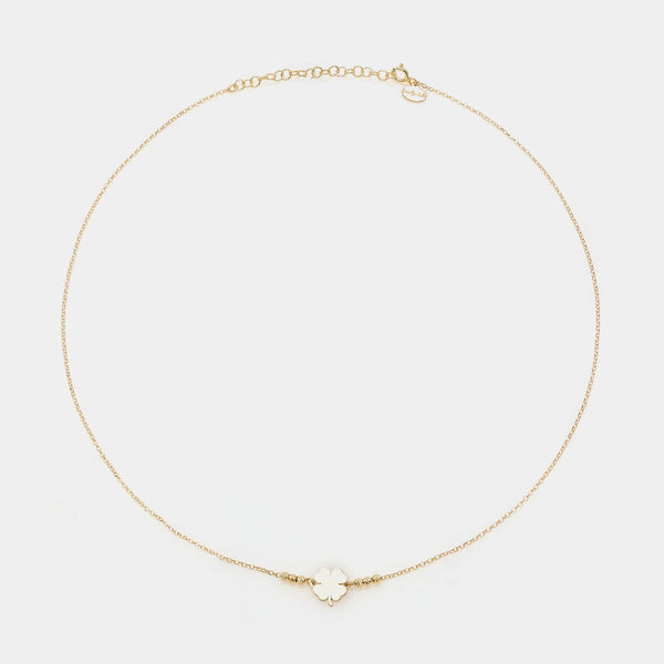 Gold-plated silver necklace with clover centerpiece and 3 faceted spheres on the sides
