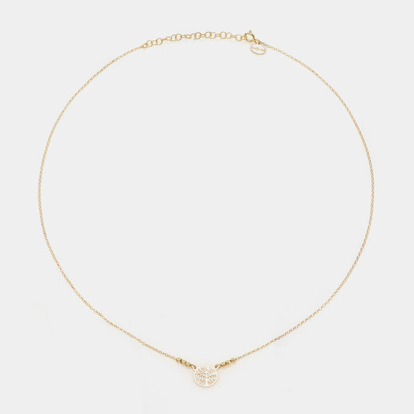 Collar de plata chapada en oro con centro de árbol de la vida perforado y 3 esferas facetadas a los lados