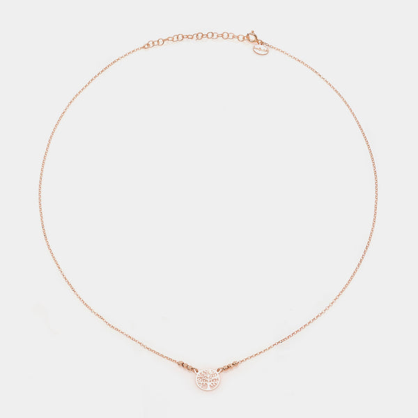Collana argento rosato con centrale albero della vita traforato rotondo e 3 sfere sfaccettate ai lati