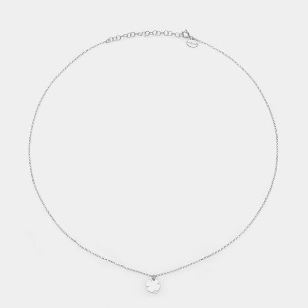 Rhodium-plated silver necklace with hanging four-leaf clover centerpiece