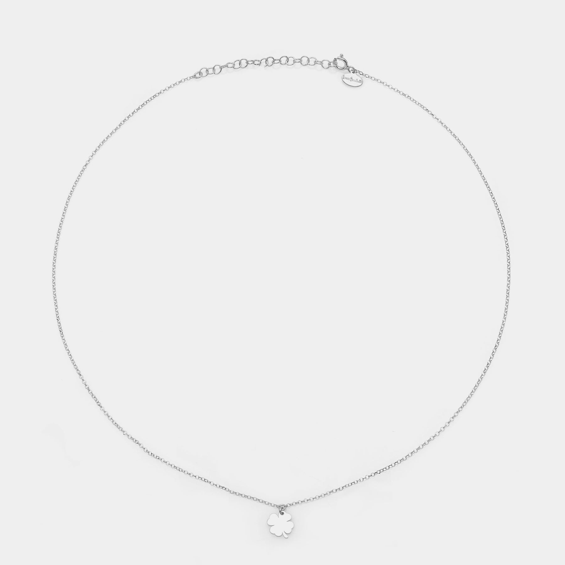 Rhodium-plated silver necklace with hanging four-leaf clover centerpiece