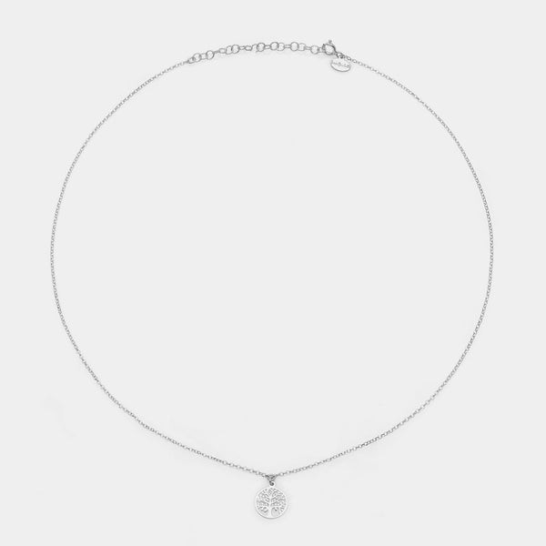 Collar de plata chapada en rodio con colgante redondo perforado del árbol de la vida