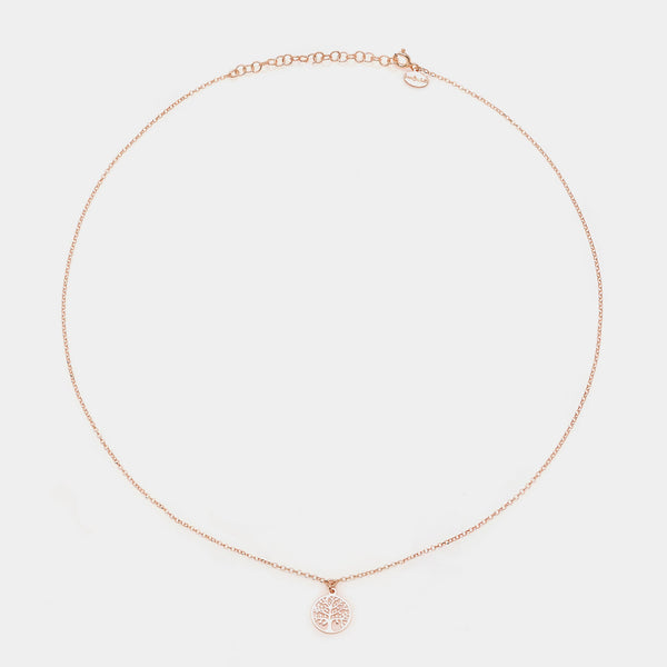 Collar de plata con baño de oro rosa y colgante redondo de árbol de la vida perforado