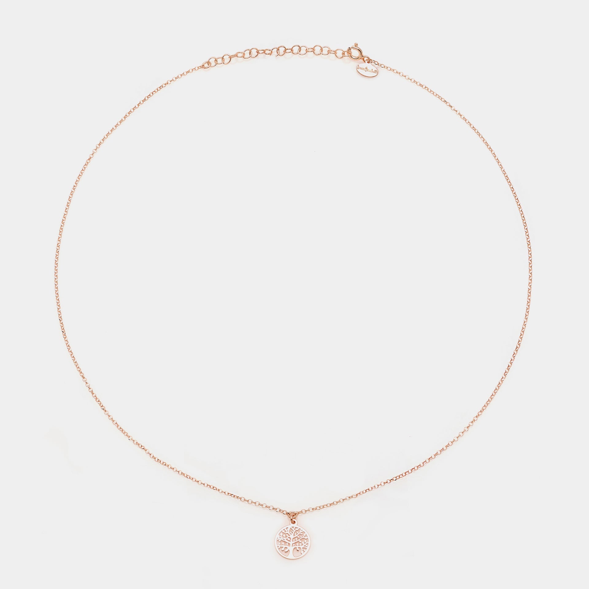 Collana argento rosato con centrale albero della vita traforato tondo pendente