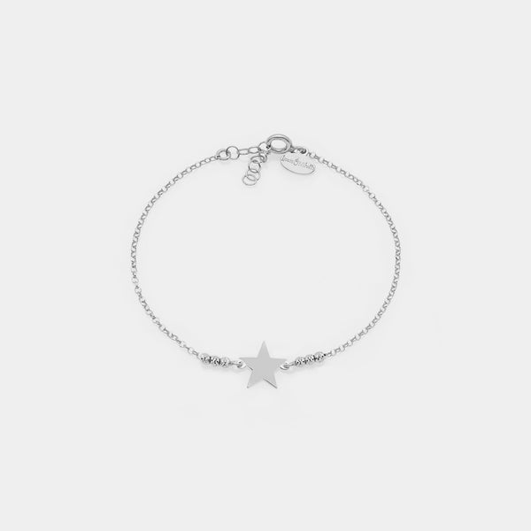 Rhodium-plated silver bracelet with faceted spheres and central star