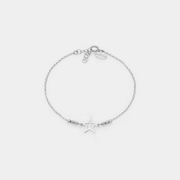 Rhodium-plated silver bracelet with faceted spheres and central pierced star