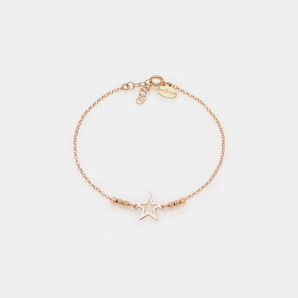 Rose gold plated silver bracelet with faceted spheres and central pierced star