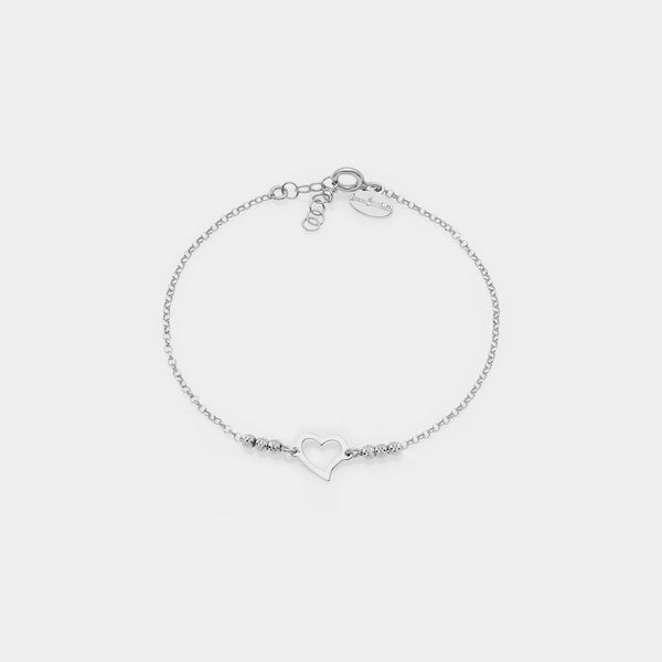 Rhodium-plated silver bracelet with faceted spheres and twisted pierced heart centerpiece