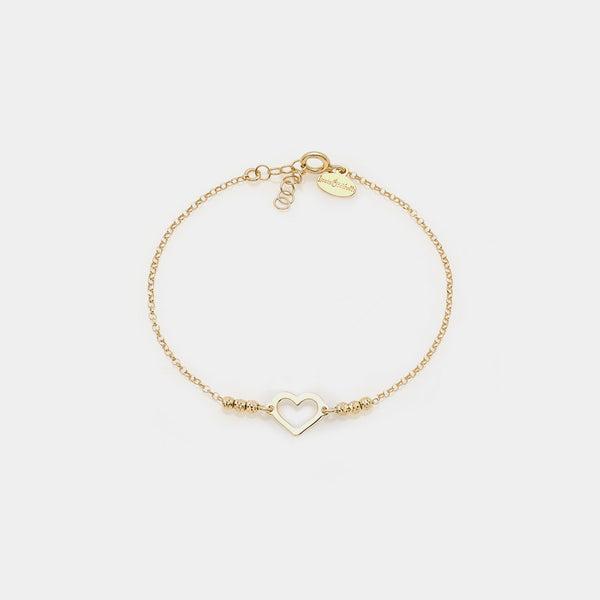 Pulsera de plata chapada en oro con cuentas facetadas y corazón central