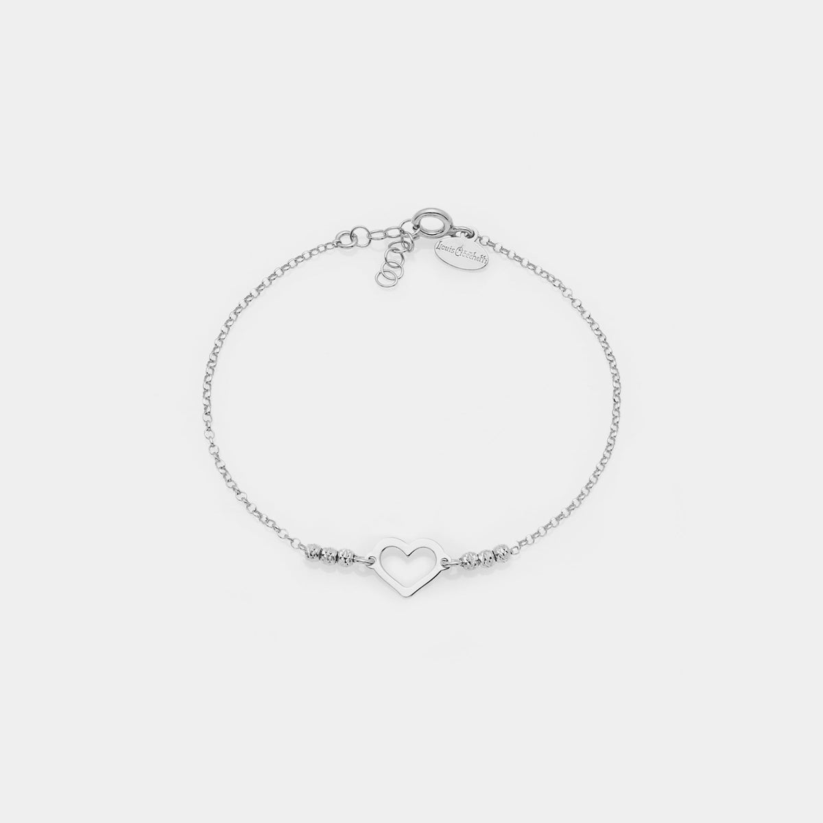 Rhodium-plated silver bracelet with faceted beads and central heart