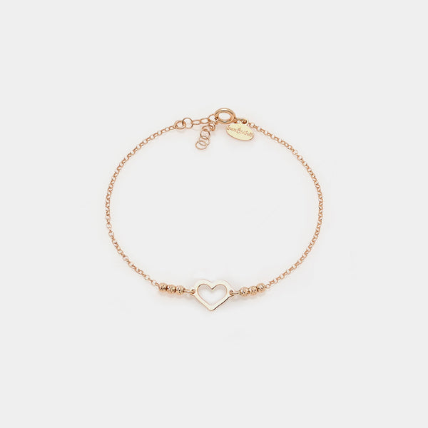 Rose gold plated silver bracelet with faceted spheres and central heart