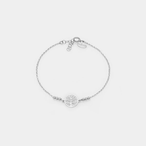 Rhodium-plated silver bracelet with faceted spheres and central round pierced tree of life