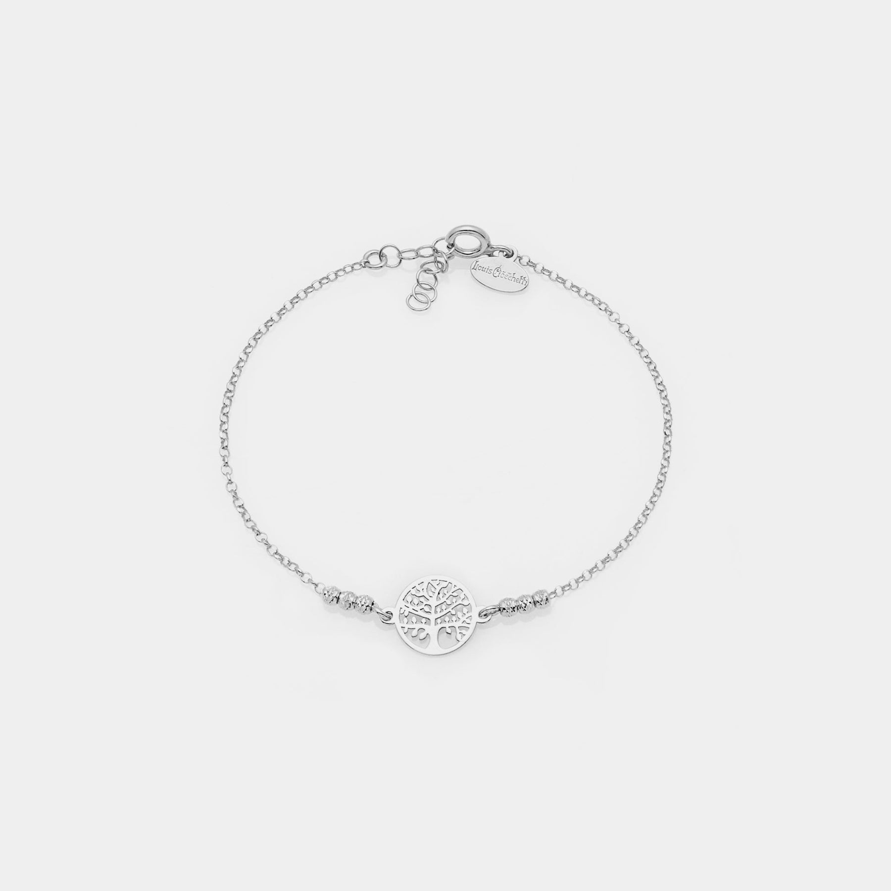 Rhodium-plated silver bracelet with faceted spheres and central round pierced tree of life