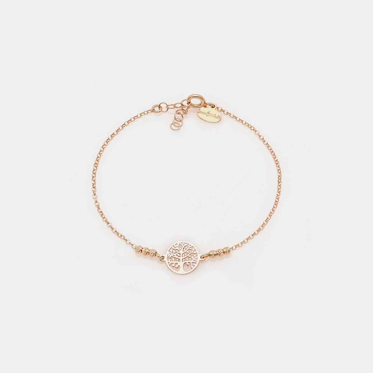 Rose gold plated silver bracelet with faceted spheres and central round cut-out tree of life