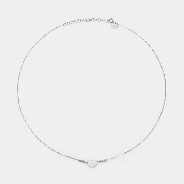 Collana argento rodiato con centrale cuore semplice e 3 sfere sfaccettate ai lati