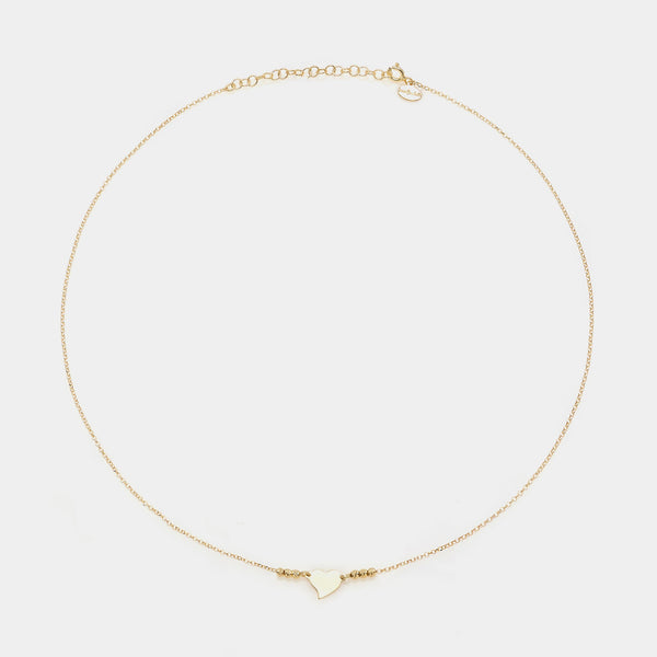 Collana argento dorato con centrale cuore storto 3 sfere sfaccettate ai lati