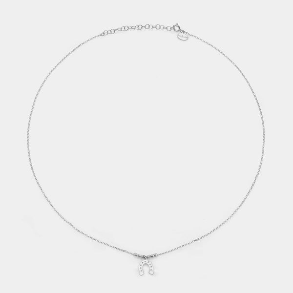 Rhodium-plated silver necklace with central horseshoe pendant and 3 faceted spheres on the sides