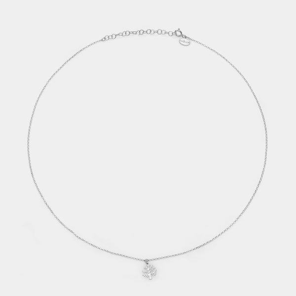 Collar de plata chapada en rodio con colgante de árbol de la vida perforado