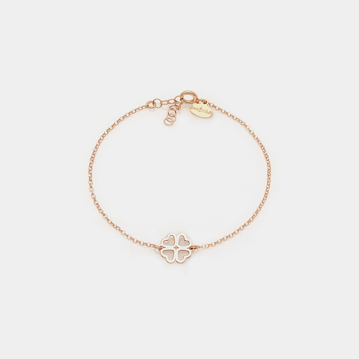 Pulsera de plata chapada en oro rosa con centro de trébol y pétalos perforados en forma de corazón