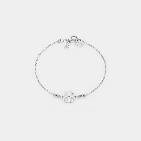 Bracciale argento rodiato con sfere sfaccettate e quadrifoglio con petali a cuore centrale