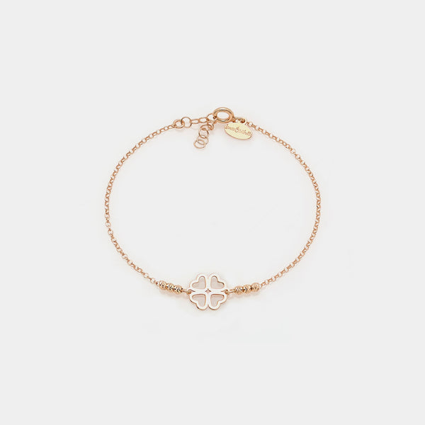 Pulsera de plata rosa con esferas facetadas y trébol con pétalos en forma de corazón
